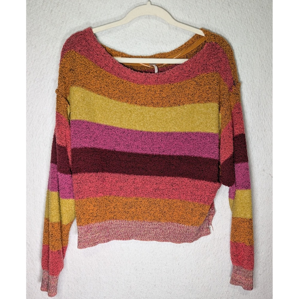 Free People Women Striped Knit Sweater Pink Orange Yellow Boat Neck Medium